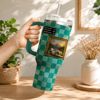 40oz tumbler with a prop hunt hide and seek game interface showing a reclined art piece on a checkered background.