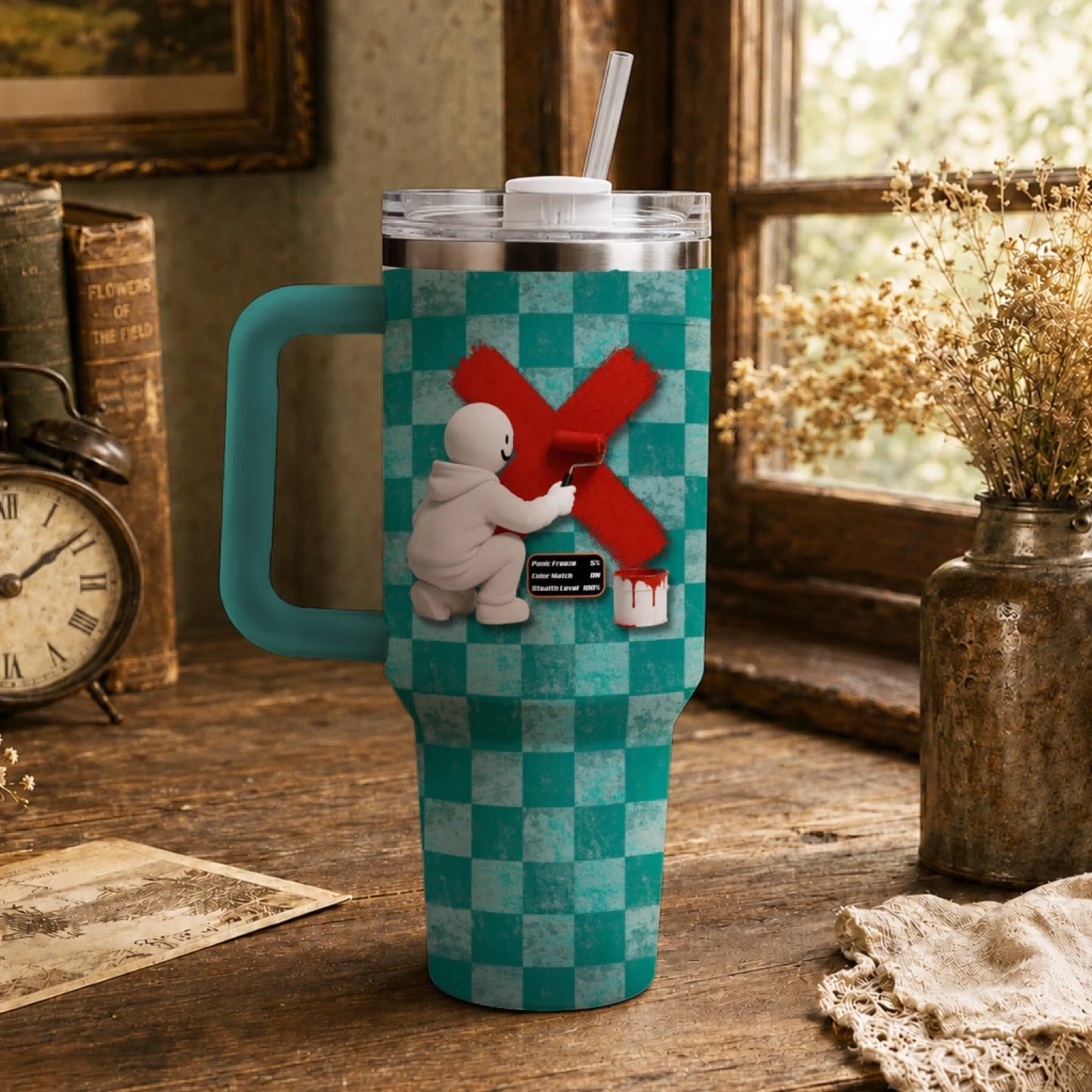 Prop hunt game themed tumbler showcasing a character painting a red x on a teal checkered background design.