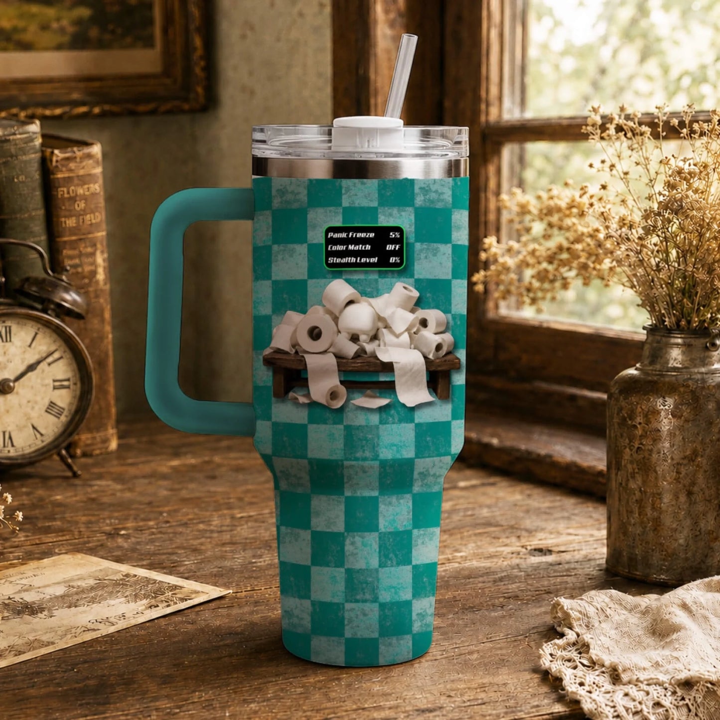 40oz stainless steel mug with handle featuring a funny toilet paper prop hunt game graphic and menu screen.