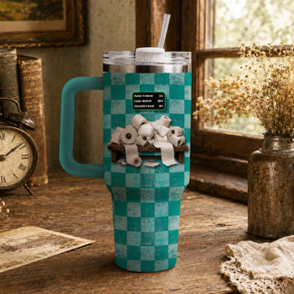 40oz stainless steel mug with handle featuring a funny toilet paper prop hunt game graphic and menu screen.