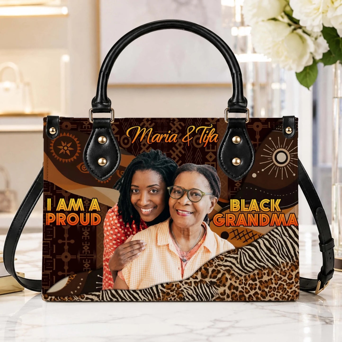 Stylish custom photo handbag with Black Grandma typography, perfect sentimental gift for grandmother on special occasions.