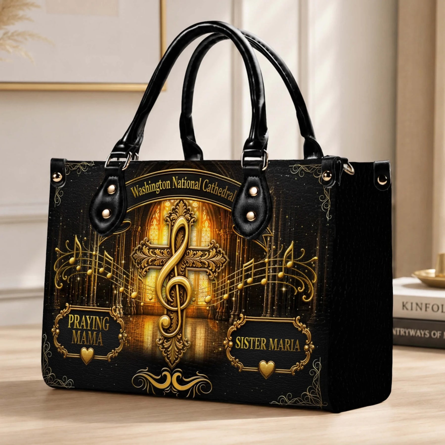 Stylish piano print handbag with the inspiring quote I Will Sing Of The Goodness Of God and musical elements.