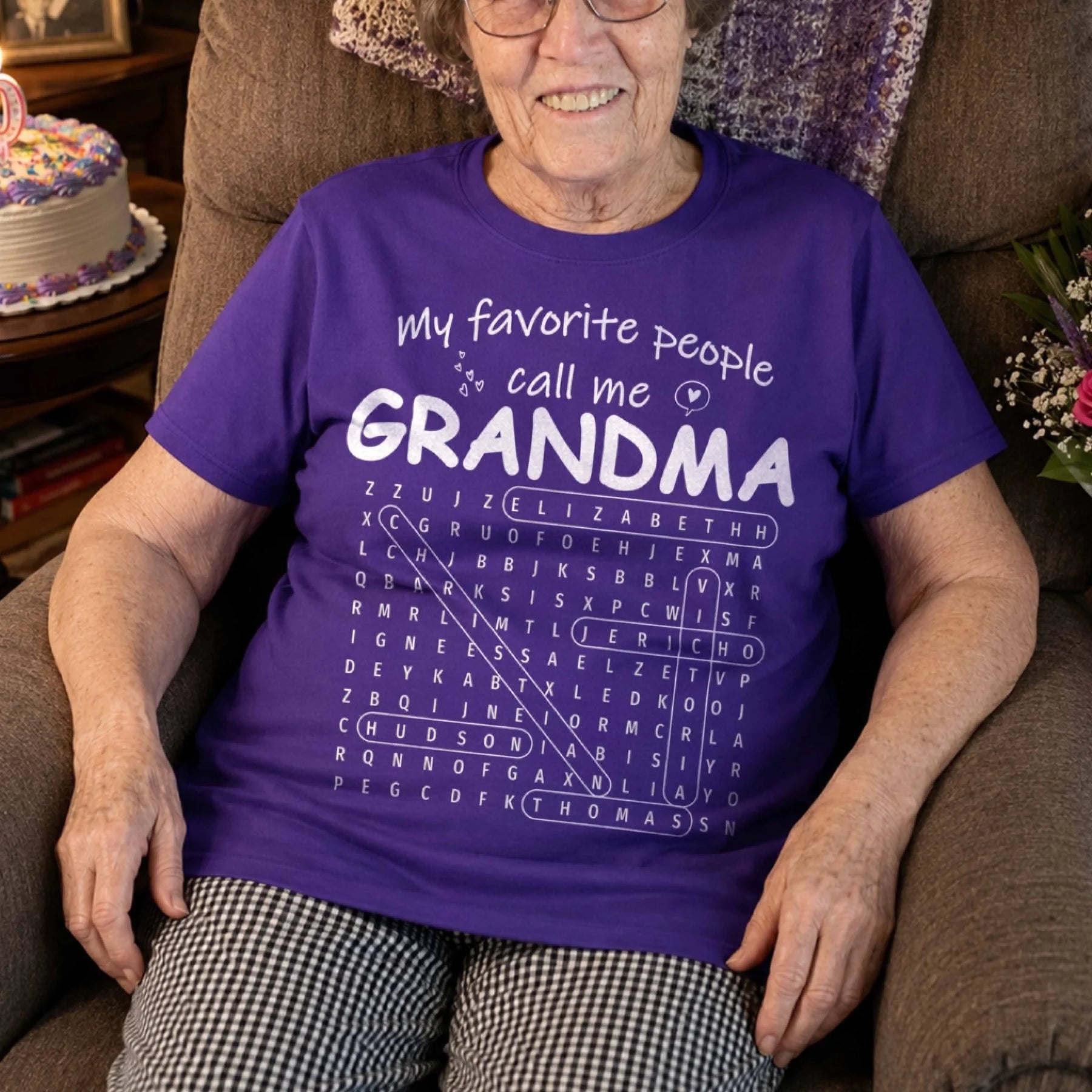 Purple personalized Grandma word search T-shirt showcasing custom names, a thoughtful custom family gift for grandmothers.