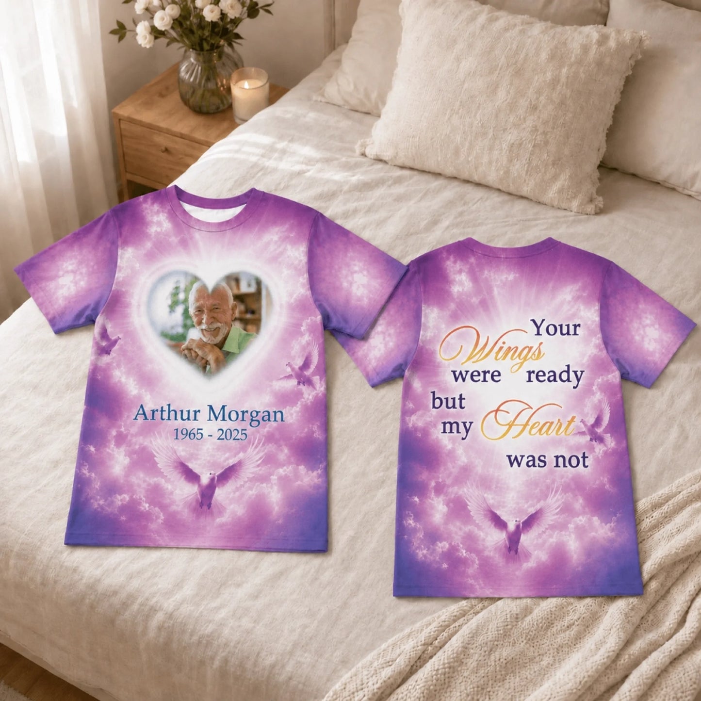 Personalized memorial t-shirt with a purple cloud theme, featuring a custom photo in a heart and the quote Your wings were ready but my heart was not.