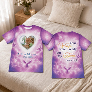 Personalized memorial t-shirt with a purple cloud theme, featuring a custom photo in a heart and the quote Your wings were ready but my heart was not.