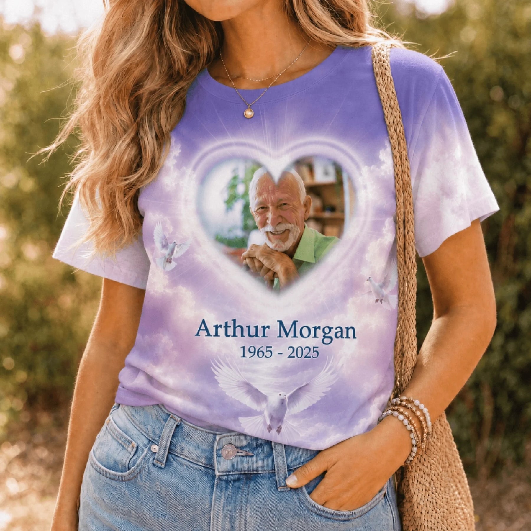 Purple custom memorial t-shirt with heart photo frame, Arthur Morgan name and dates 1965-2025, perfect for loss.