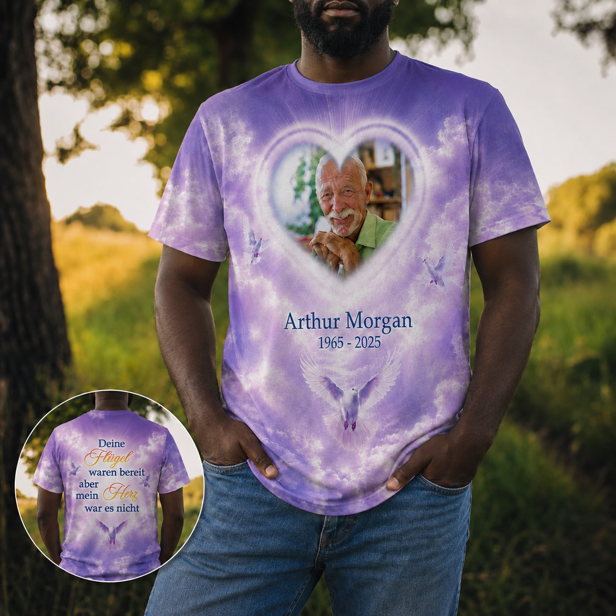 Man wearing a personalized memorial T-shirt with a purple cloud background, custom photo, and symbolic dove art.