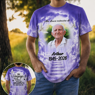 Purple sympathy t-shirt with a custom photo of Arthur, dates, and French memorial quote about remembrance and heaven.