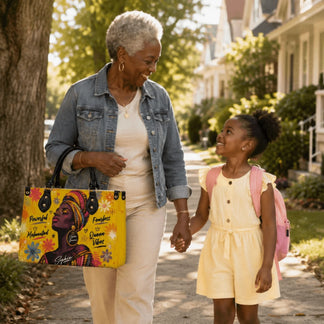 Grandmother walking with her granddaughter while carrying a custom queen vibes handbag for a special family moment