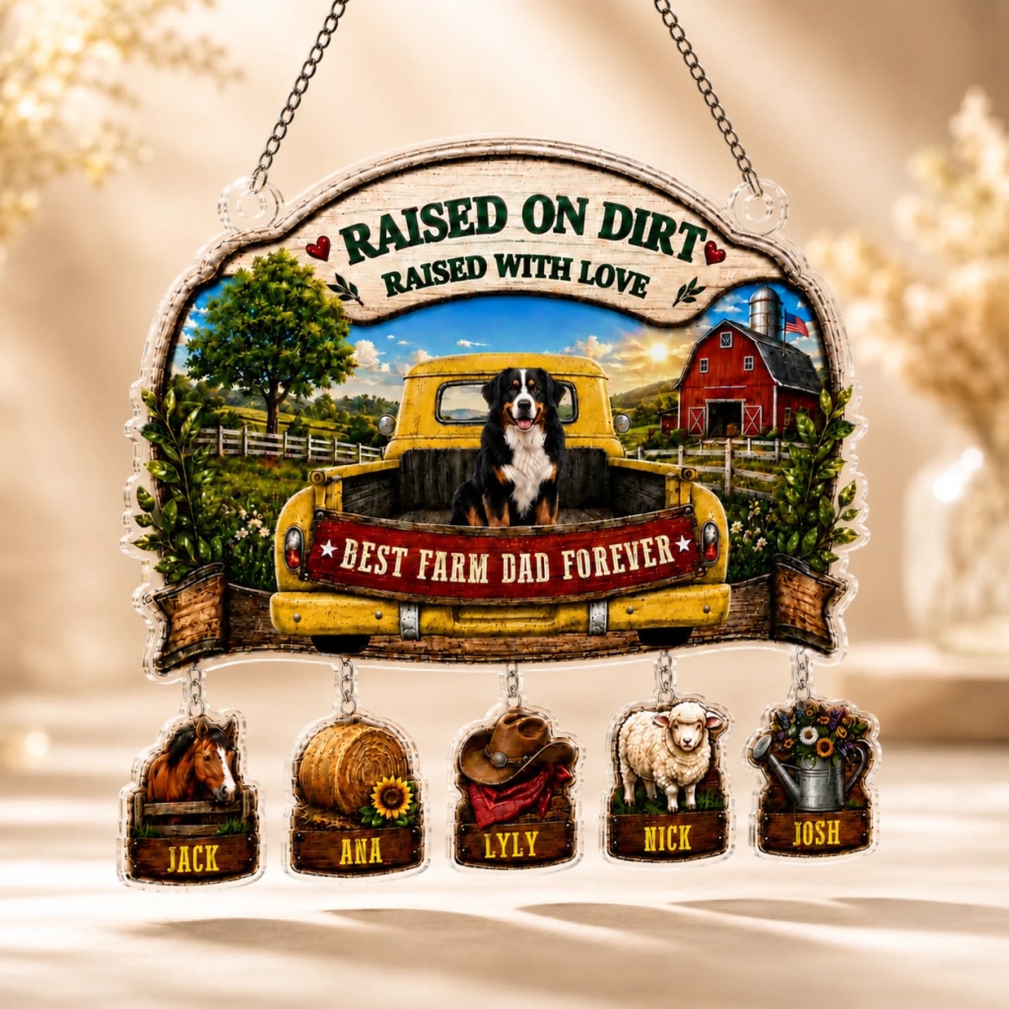 Decorative sign with a yellow truck, dog, and farm elements on a beige background.