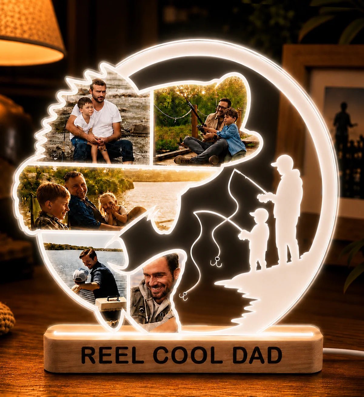 Decorative lamp with family photos and 'Reel Cool Dad' text on a wooden base.