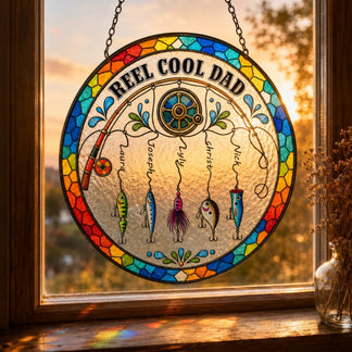 Stained glass panel with 'Reel Cool Dad' text and fishing theme, hanging by a window.