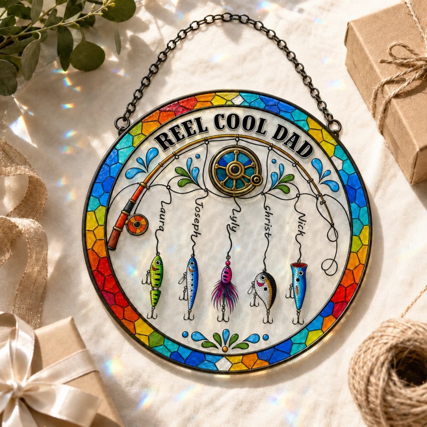 Decorative round plaque with fishing theme and 'Reel Cool Dad' text, surrounded by decorative items.