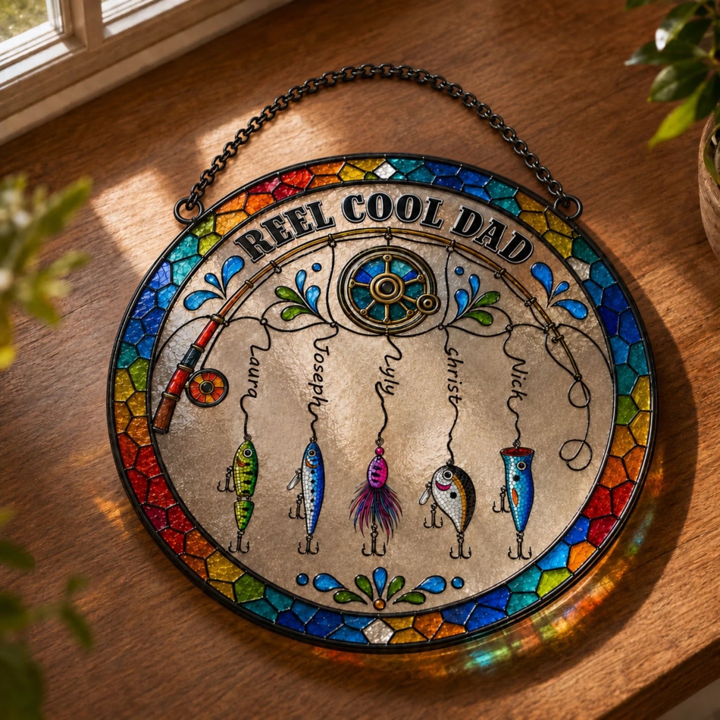 Decorative stained glass wall hanging with fishing theme on a wooden surface