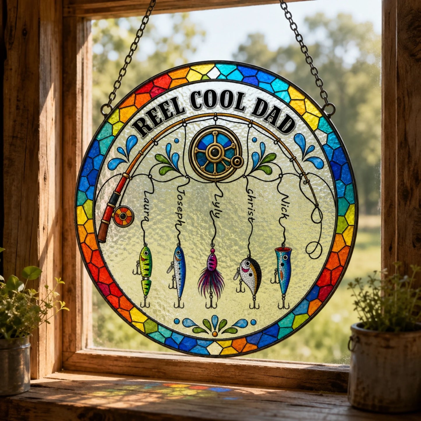 Stained glass panel with 'Reel Cool Dad' text and fishing theme, hanging in a window.