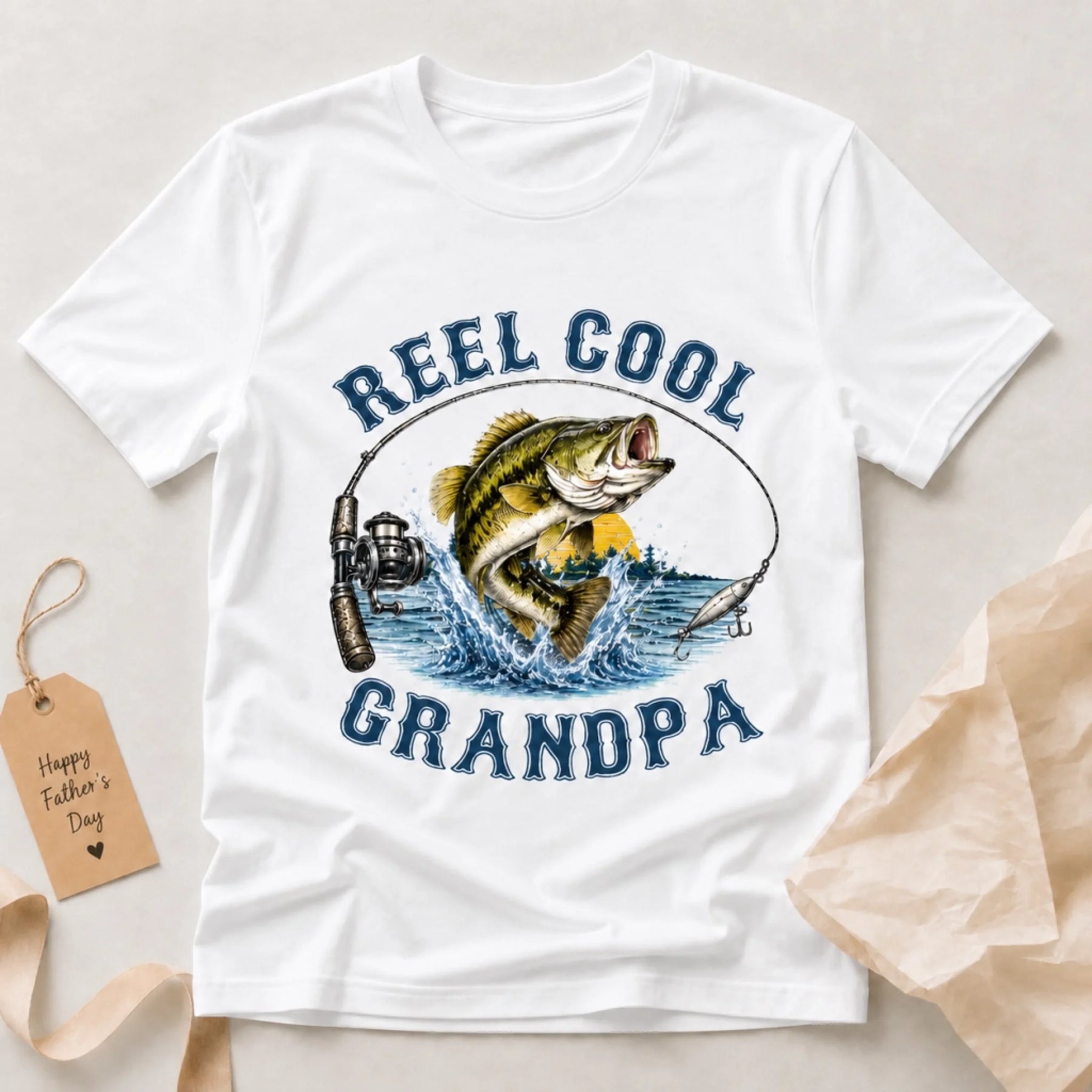 Custom grandpa fishing t-shirt back view – personalized title and fish illustration