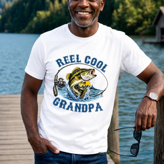 Reel Cool Grandpa personalized fishing t-shirt with custom fish design – front view