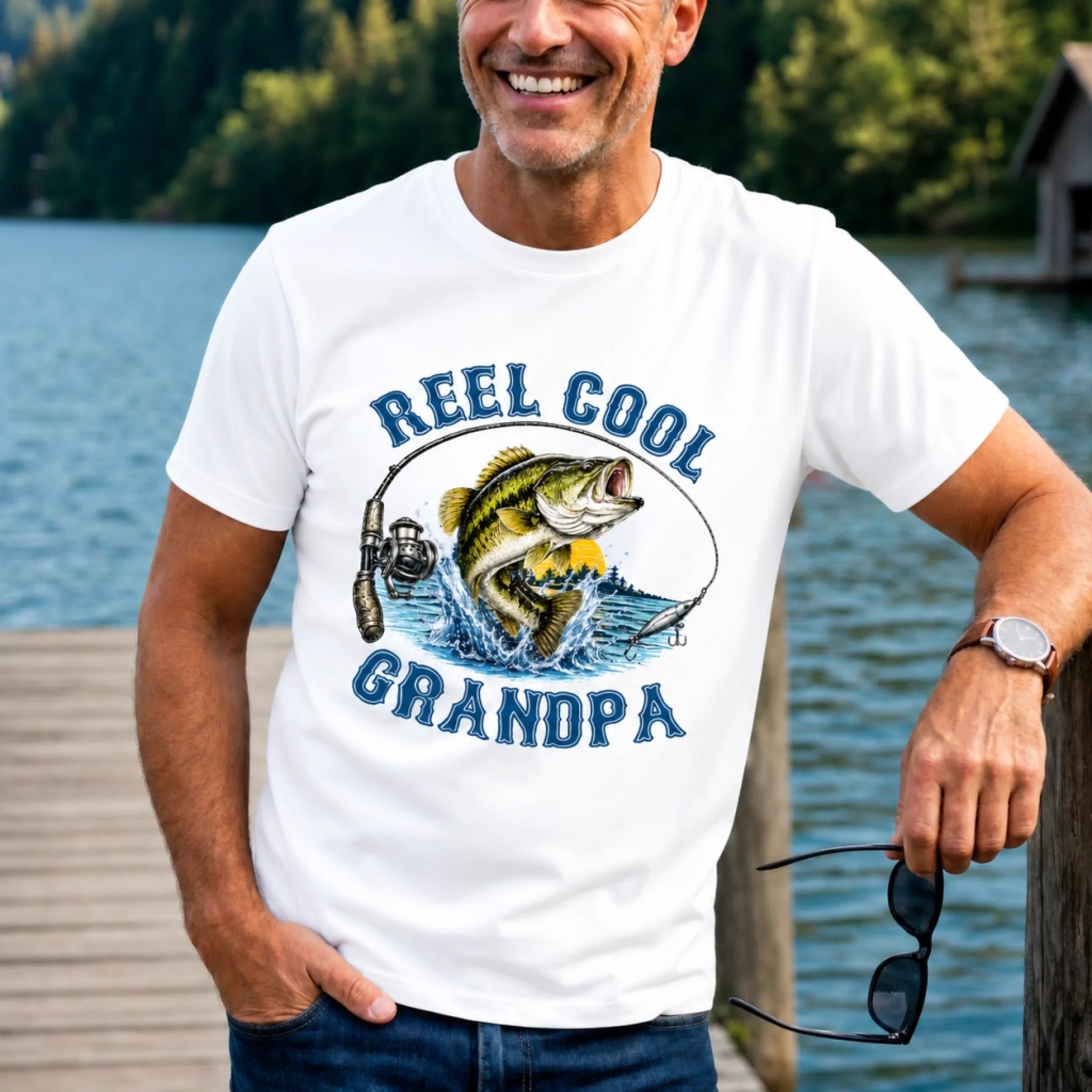 Reel Cool Grandpa personalized fishing t-shirt with custom fish design – front view