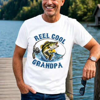 Reel Cool Grandpa personalized fishing t-shirt with custom fish design – front view