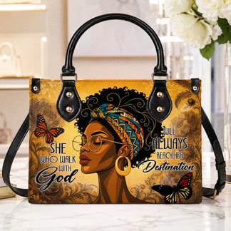 Artistic handbag display featuring a Black woman with a headwrap and inspirational faith-based message and butterfly art.