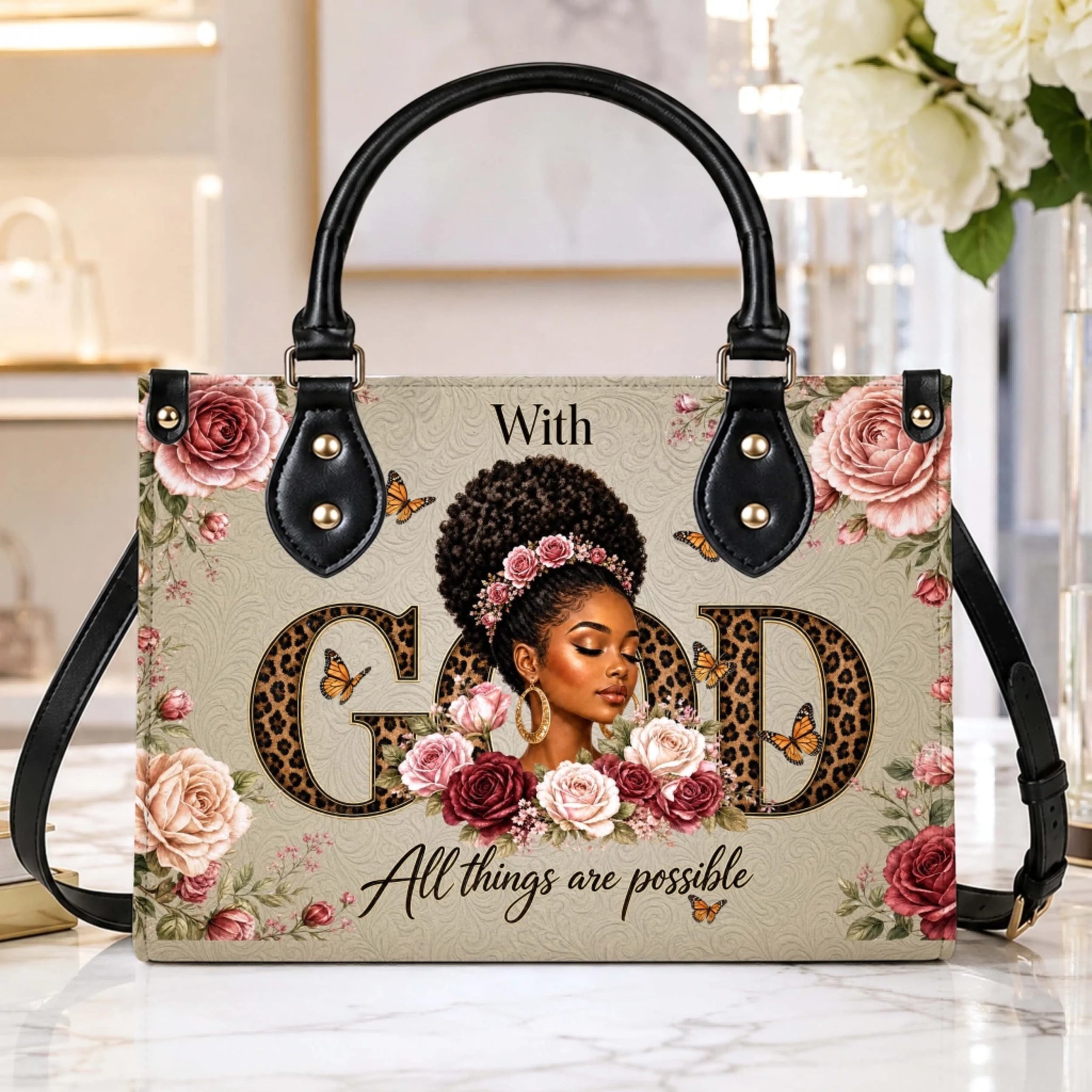 Faith-themed handbag featuring a beautiful black woman illustration surrounded by roses and leopard print God text.