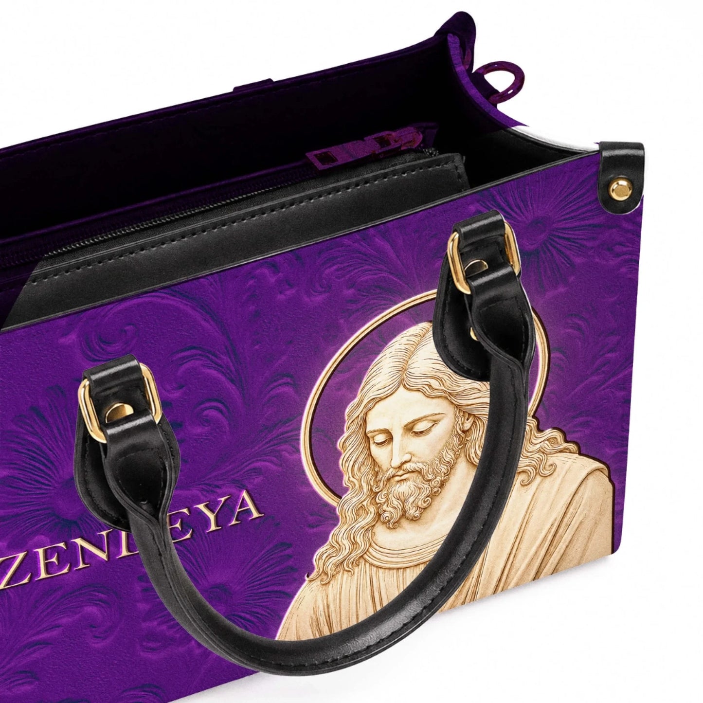 Purple Christian PU leather handbag featuring a Jesus portrait and custom Zendeya name text for religious gifts.
