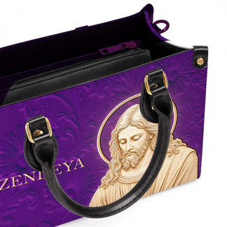 Purple Christian PU leather handbag featuring a Jesus portrait and custom Zendeya name text for religious gifts.