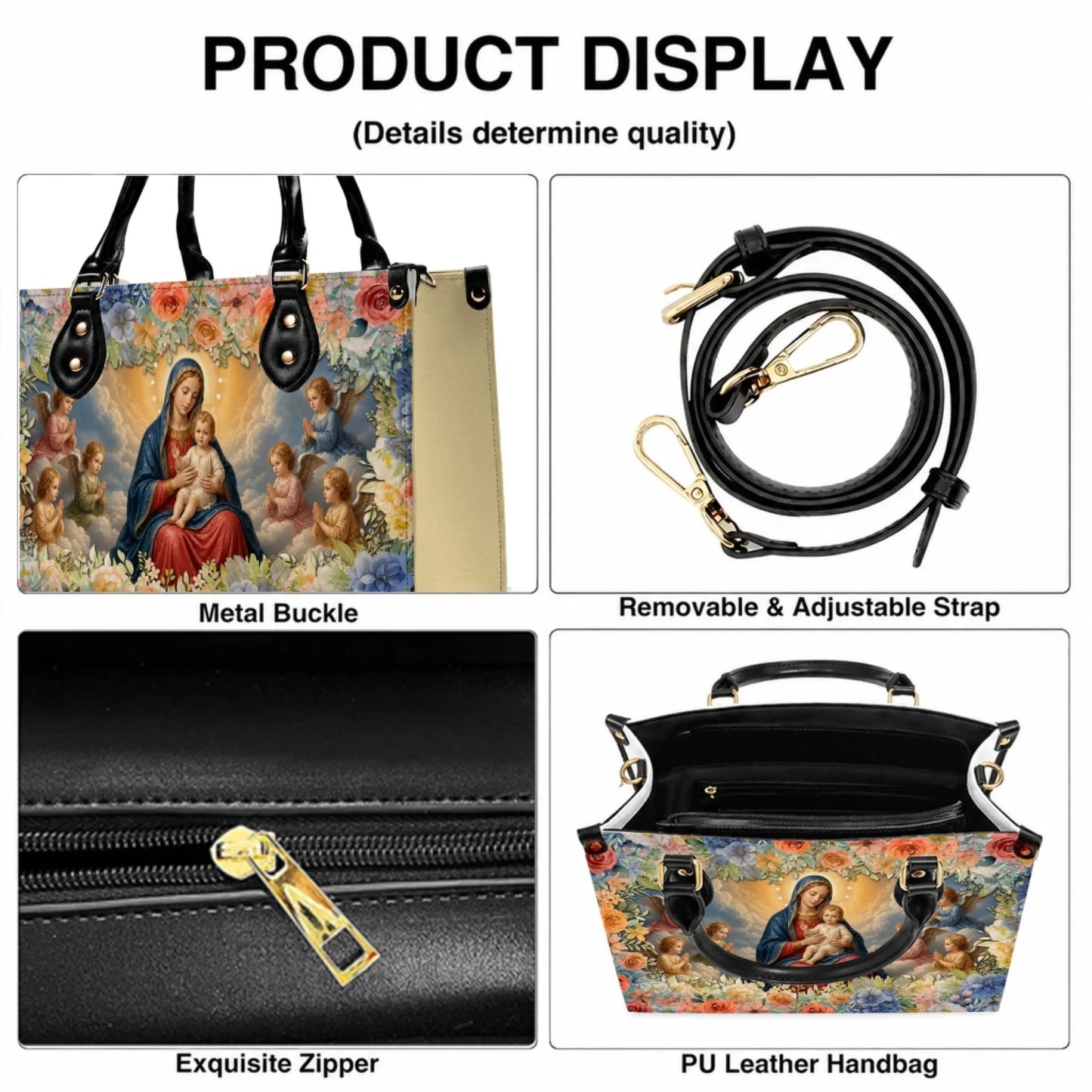 Product display showing features of a religious themed handbag including adjustable strap and quality zipper.