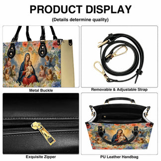 Product display showing features of a religious themed handbag including adjustable strap and quality zipper.