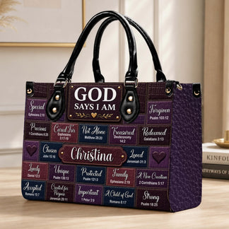 A high-quality custom pu leather handbag with spiritual typography and name personalization, perfect as a thoughtful gift.