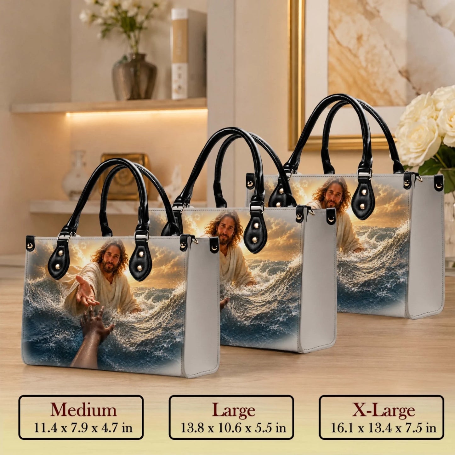 Religious Jesus reaching hand tote bag in three sizes, featuring a spiritual design for Christian themed gifts.