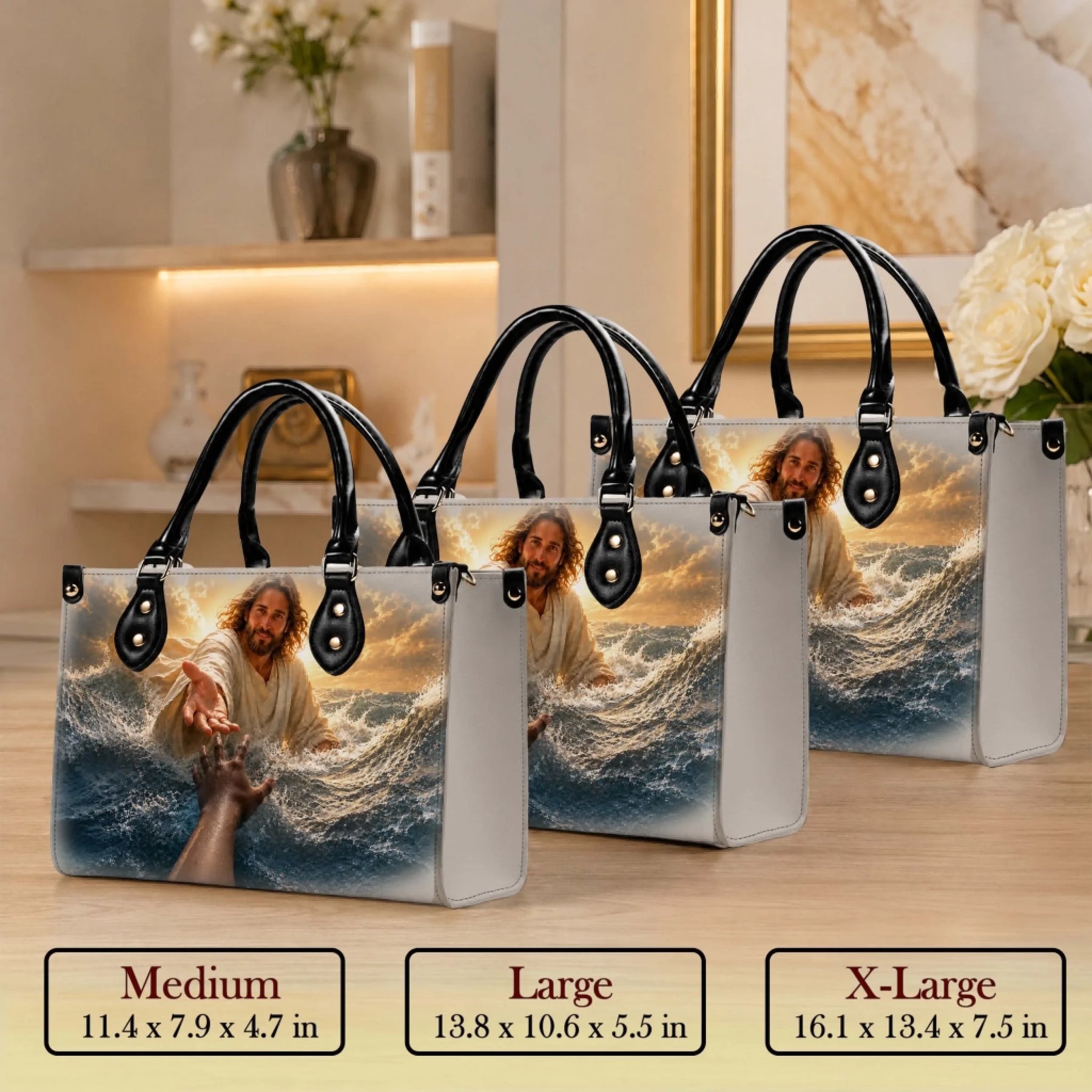 Religious Jesus reaching hand tote bag in three sizes, featuring a spiritual design for Christian themed gifts.
