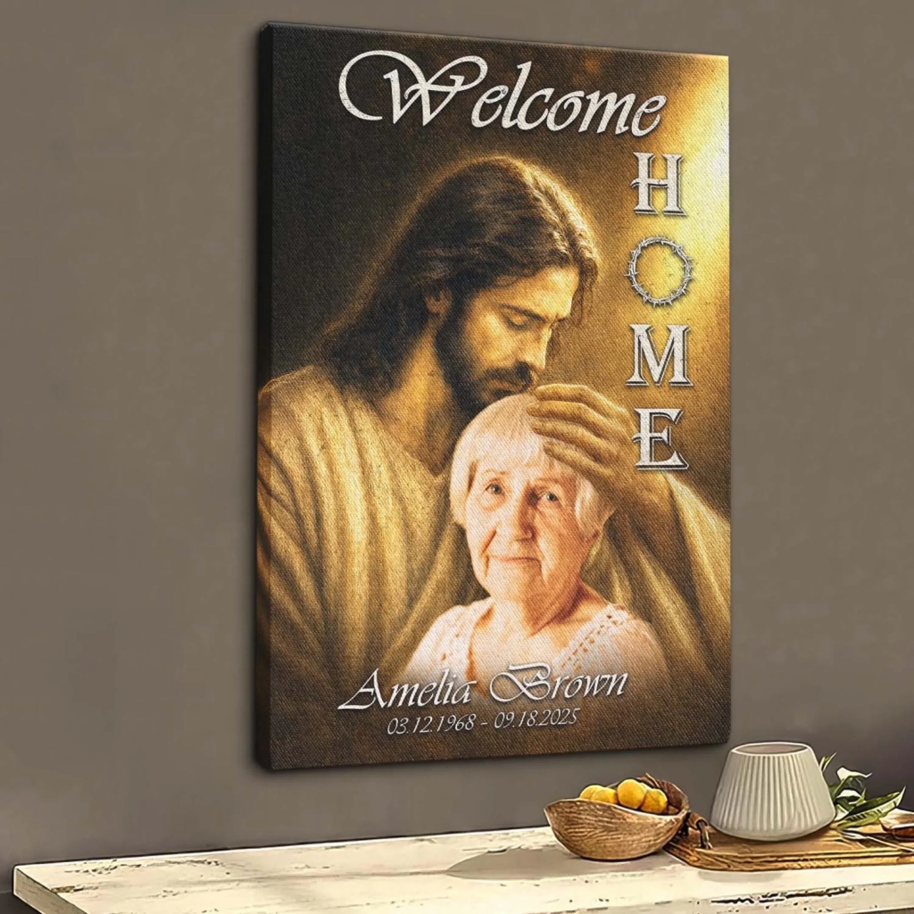 Religious memorial canvas featuring Jesus and a personalized name with dates, perfect for honoring a loved one.