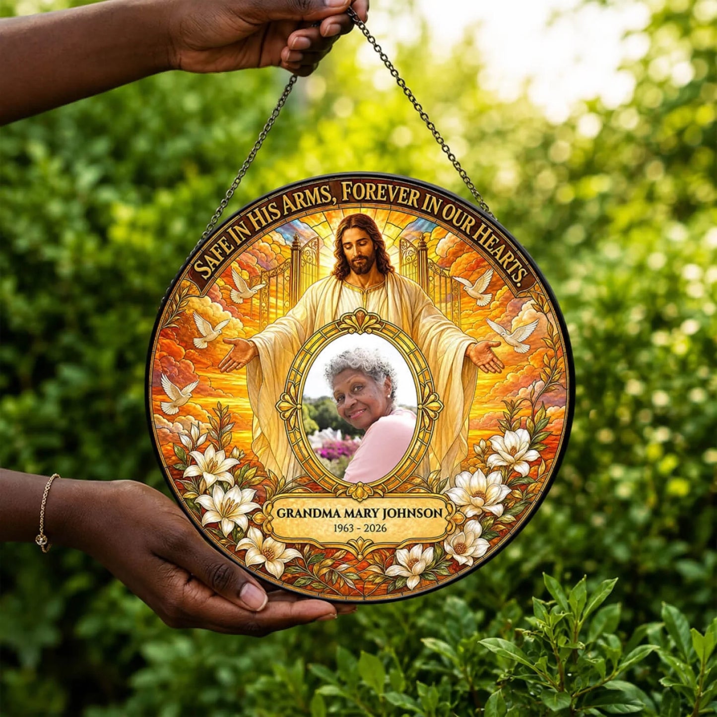 Round memorial suncatcher gift with custom name and photo featuring Jesus Christ and doves for remembrance.