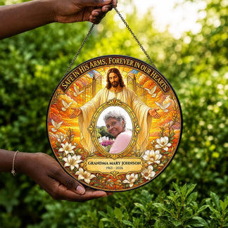 Round memorial suncatcher gift with custom name and photo featuring Jesus Christ and doves for remembrance.