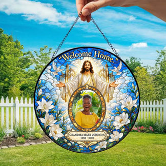 Custom memorial suncatcher display for grandma with jesus art and personalized photo for celebration of life gift.