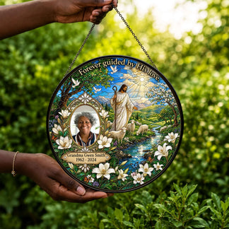 Thoughtful memorial suncatcher gift featuring a custom photo of Grandma Gwen Smith, Jesus, and peaceful meadow scenery.