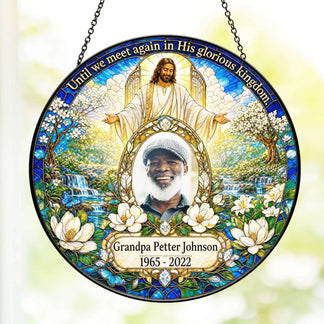 Decorative memorial suncatcher featuring a religious scene, custom photo, and Grandpa Petter Johnson memorial text.