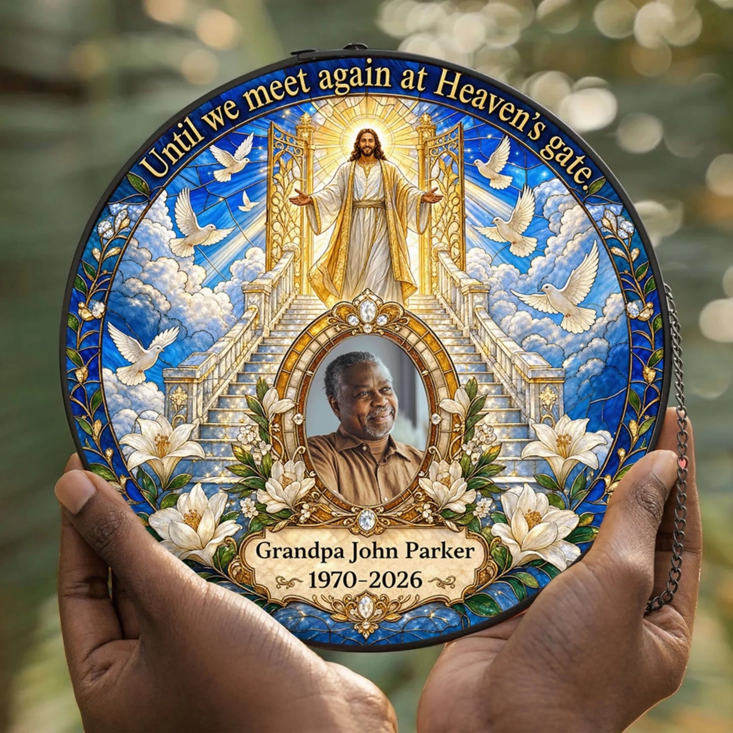 Customized memorial acrylic suncatcher featuring heaven gates, doves, and a portrait of Grandpa John Parker with years.