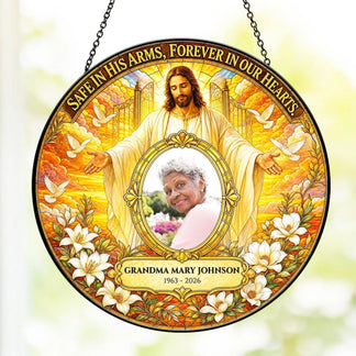 Round religious memorial suncatcher with a custom photo and name, designed as a beautiful sympathy gift for a loved one.