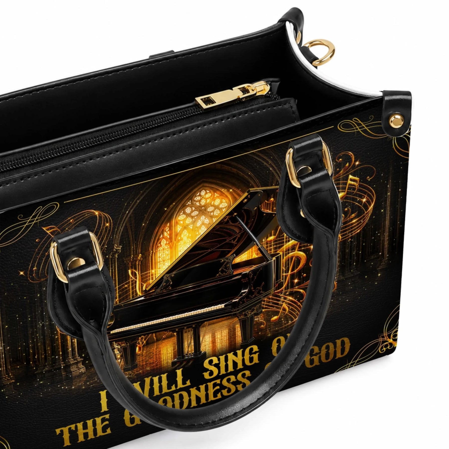 Faith-inspired piano handbag with golden musical notes and scriptural text for a elegant, spiritual everyday bag.