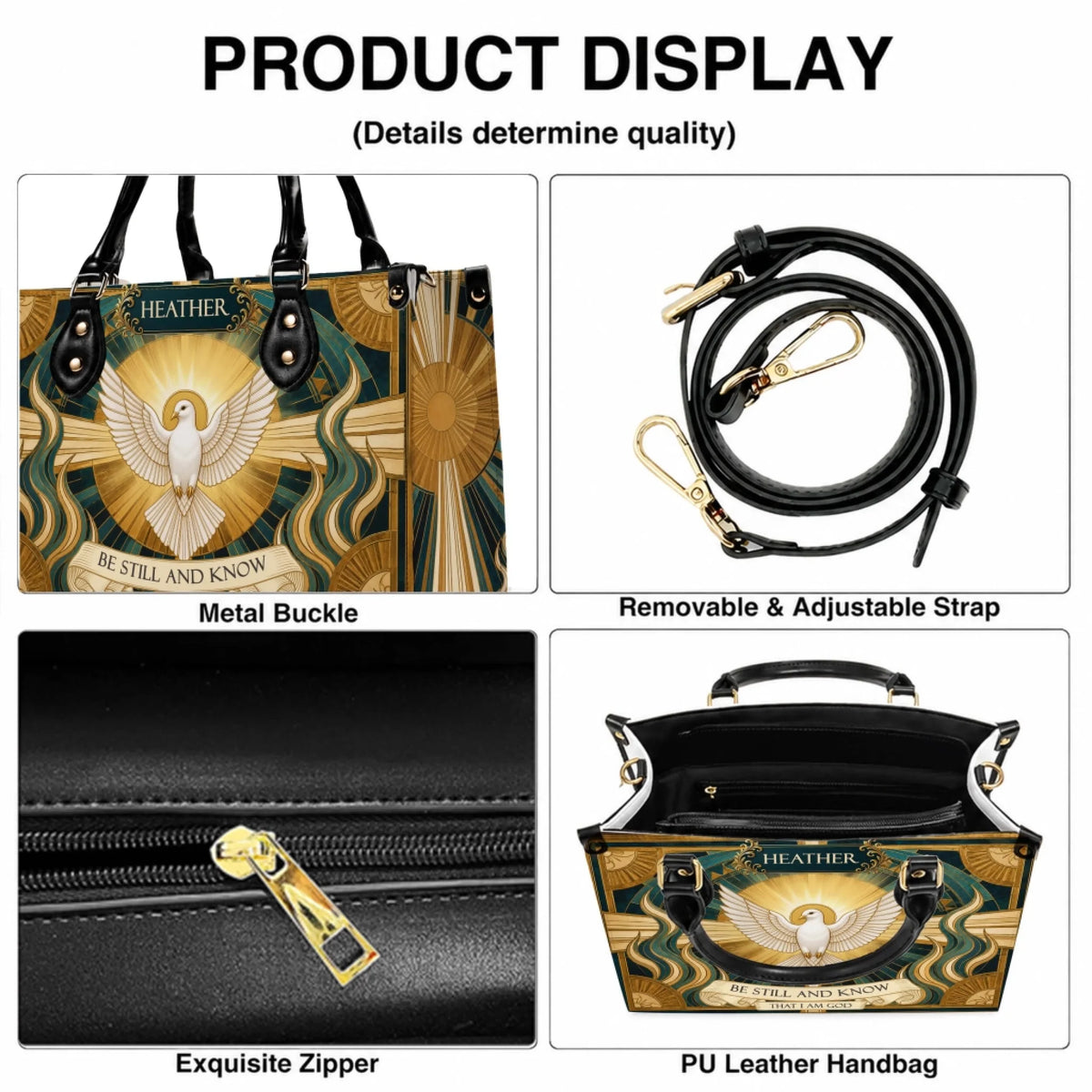 Details of a custom religious handbag showing the metal buckle, adjustable strap, exquisite zipper, and interior space.