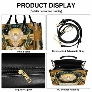Details of a custom religious handbag showing the metal buckle, adjustable strap, exquisite zipper, and interior space.