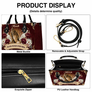 Features of a personalized Christian handbag including metal buckles adjustable strap exquisite zipper and spacious interior.