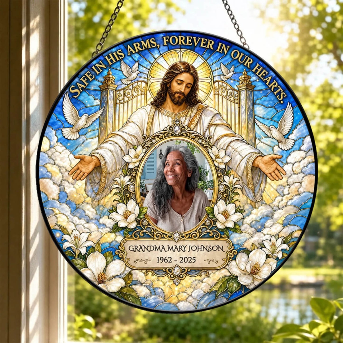Stained glass style suncatcher sympathy gift with custom photo and Jesus, designed for memorial remembrance.
