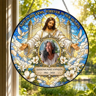 Stained glass style suncatcher sympathy gift with custom photo and Jesus, designed for memorial remembrance.