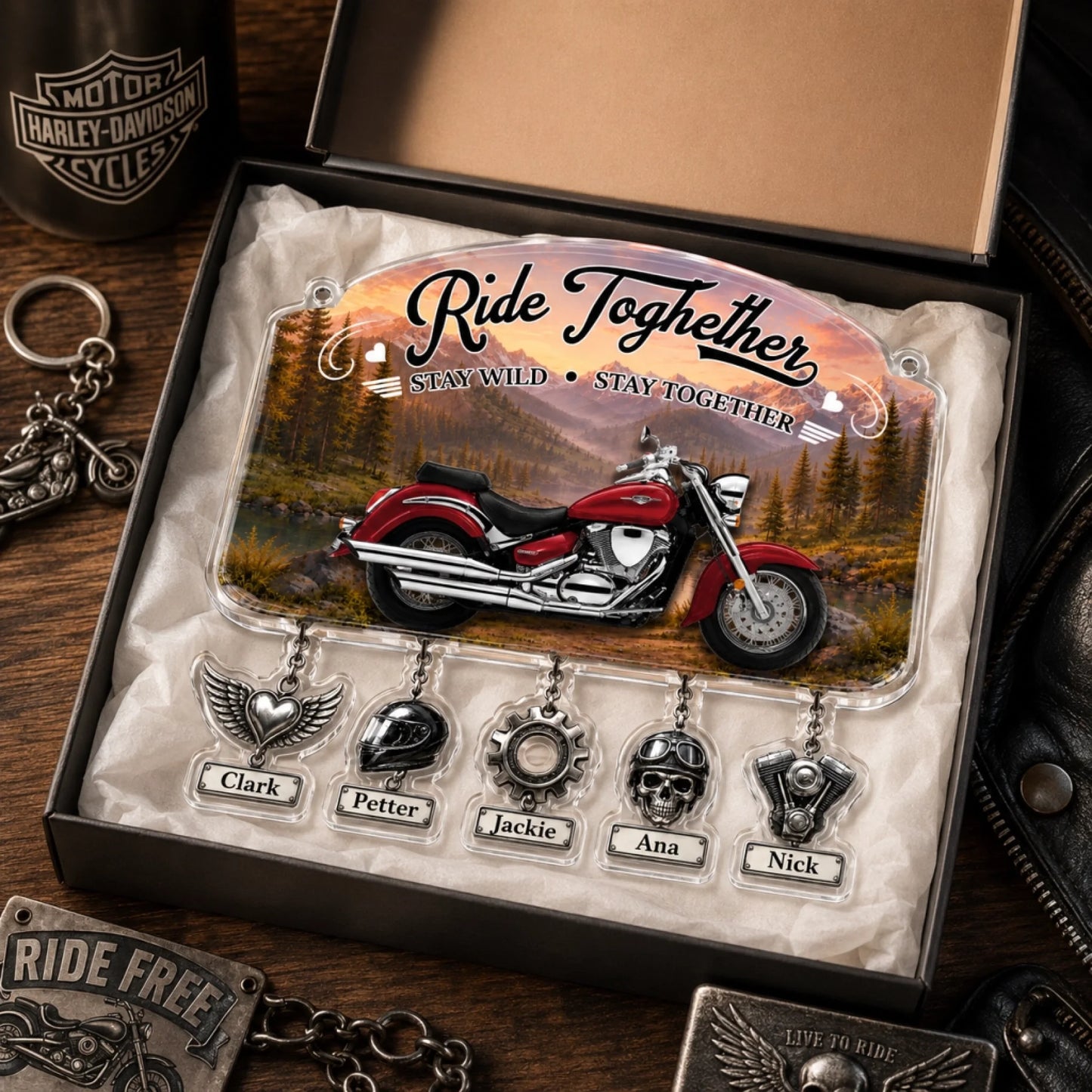 Ride together motorcycle dad suncatcher with custom name charms and mountain backdrop
