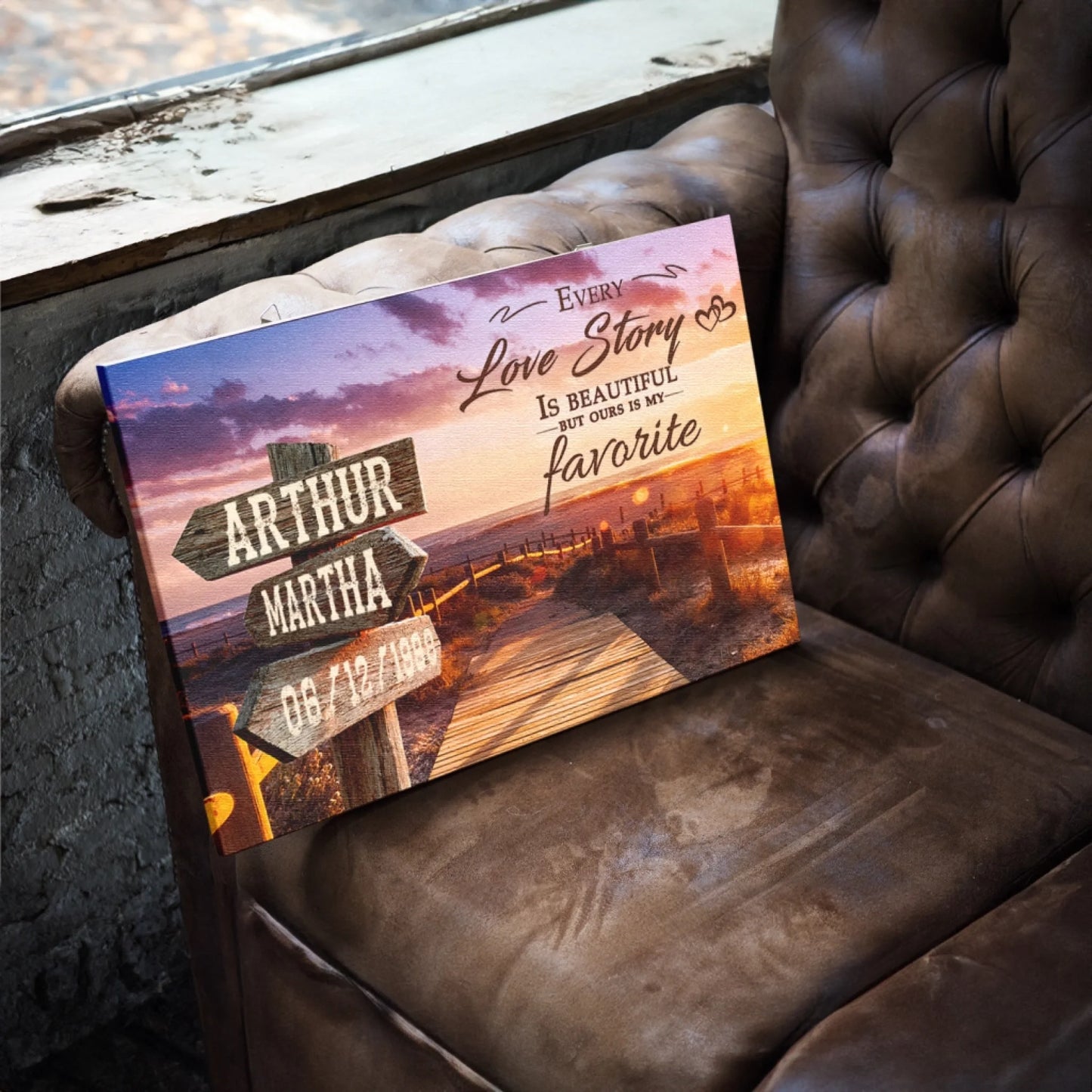 A custom canvas featuring a scenic beach path and personalized wooden signs with names and a date, perfect for a romantic wedding anniversary gift.