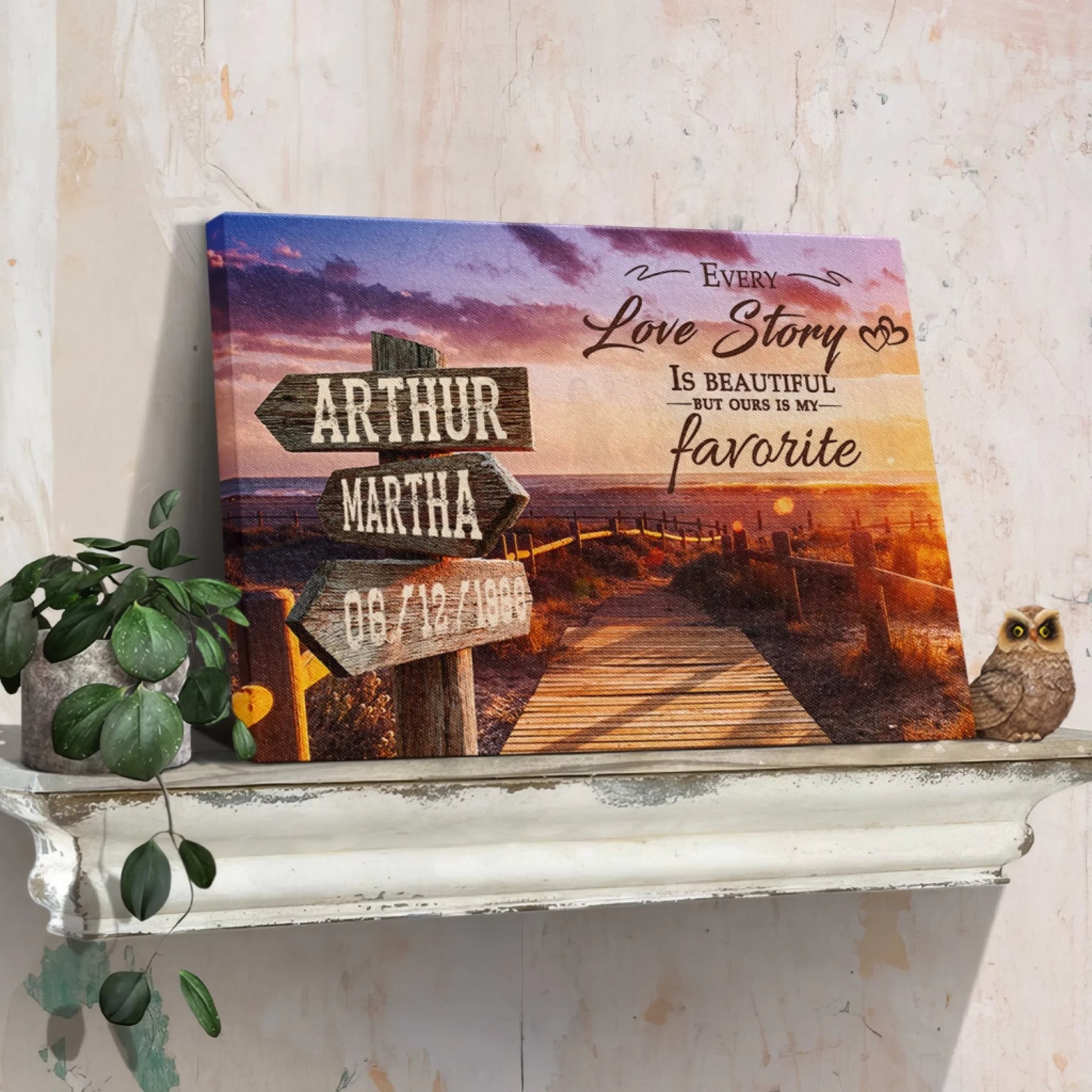 Custom canvas art showing a serene beach path at sunset with personalized names and date, ideal for anniversary gifts.