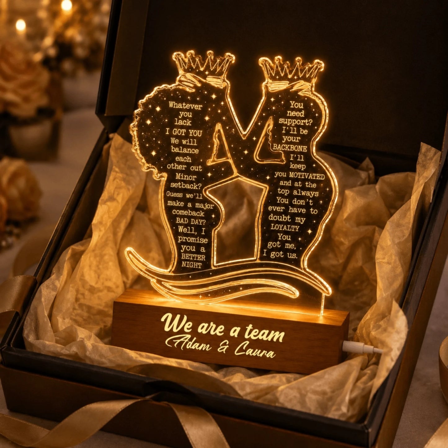 Personalized acrylic LED night light gift for couples, presented in a gift box with heartfelt relationship quotes.